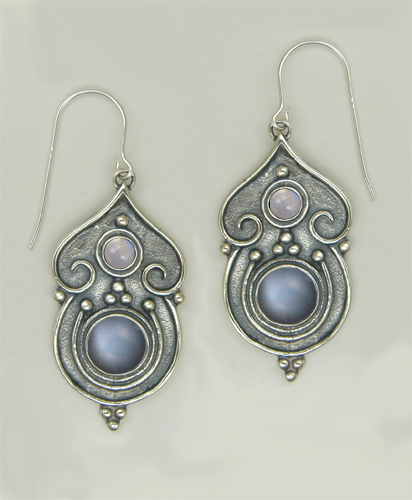 Sterling Silver Gothic Inspired Drop Dangle Earrings With Grey Moonstone And Rainbow Moonstone